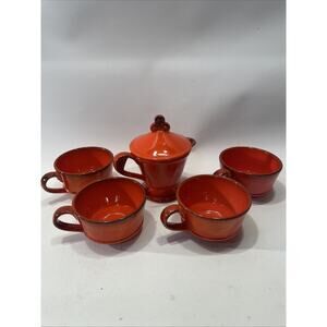 Metlox Poppytrail Red Burnt Orange Cup Coffee Mugs & Creamer Vintage Rivet